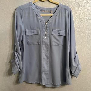 Valerie Stevens long sleeve baby blue blouse with silver zipper collar